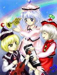 Rule 34 | 3girls, :d, black hat, black skirt, black vest, blonde hair, blue eyes, blue hair, bow (music), closed eyes, crescent, frilled hat, frills, hat, holding, holding bow (music), holding instrument, holding trumpet, holding violin, instrument, keyboard (instrument), light blue hair, light brown hair, long sleeves, lowres, lunasa prismriver, lyrica prismriver, medinki, merlin prismriver, multiple girls, musical note, official style, open mouth, rainbow, red hat, red vest, short hair, siblings, sisters, skirt, smile, star (symbol), teeth, touhou, trumpet, upper teeth only, vest, violin, white hat, white skirt, white vest, yellow eyes, zun (style)