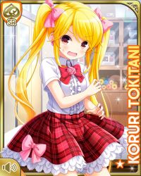 1girl :o angry blonde_hair bow bowtie card_(medium) day earrings flower frilled_thigh_strap girlfriend_(kari) hair_bow indoors jewelry long_hair looking_at_viewer official_art open_mouth pink_flower pink_rose plaid_clothes plaid_skirt platform_footwear qp:flapper red_bow red_skirt ribbon rose school_uniform shirt skirt solo thigh_strap tokitani_koruri twintails white_legwear white_shirt