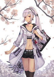 Rule 34 | 1girl, altera (fate), bag, belt, black shorts, black thighhighs, branch, buttons, casual, choker, collarbone, commentary request, cowboy shot, crop top, dark-skinned female, dark skin, earrings, fate/extella, fate/extra, fate (series), hair ornament, highres, hood, hood down, hooded jacket, hoodier, jacket, jewelry, long hair, long sleeves, looking at viewer, midriff, navel, open clothes, open jacket, parted lips, petals, ponytail, red eyes, shirt, short shorts, shorts, shoulder bag, sidelocks, silver hair, solo, standing, stomach, thighhighs, thighs, very long hair, white background, white jacket, white shirt