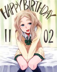 Rule 34 | 1girl, :d, black socks, blue eyes, blurry, blush, bow, bowtie, brown hair, chibikko (morihito), collared shirt, depth of field, dress shirt, english text, eyebrows, green bow, green bowtie, green skirt, happy birthday, head tilt, kneehighs, knees together feet apart, leaning forward, long hair, looking at viewer, morihito, open mouth, original, parted bangs, plaid, plaid skirt, pleated skirt, school uniform, shirt, sitting, skirt, sleeves past wrists, smile, socks, solo, striped background, striped bow, striped bowtie, striped clothes, striped neckwear, sweater, thick eyebrows, v arms, vertical stripes, white shirt, wing collar