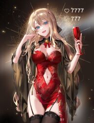 Rule 34 | 1girl, absurdres, alternate costume, blonde hair, blue eyes, breasts, china dress, chinese clothes, cleavage, cup, dress, drill hair, drill sidelocks, drinking glass, english text, genshin impact, highres, large breasts, like and retweet, long hair, looking at viewer, meme, navia (genshin impact), red dress, ringeko-chan, sidelocks, smile, twitter strip game (meme), very long hair, wine glass