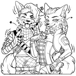 Rule 34 | 1boy, 1girl, animal ears, animal nose, animification, apex legends, artist name, bodysuit, breasts, cleavage, cropped jacket, eyeshadow, finger gun, furrification, furry, furry female, furry male, goggles, goggles on head, greyscale, hand on own hip, hand on own chest, heart, lineart, loba (apex legends), makeup, medium breasts, mirage (apex legends), monochrome, one eye closed, ookamiya818, pun, scar, scar across eye, shirt, snout, star (symbol), strapless, strapless shirt, tail, tongue, tongue out, white background, wolf boy, wolf ears, wolf girl, wolf tail