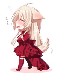 Rule 34 | 1girl, :d, ahoge, animal ears, blonde hair, blush, chibi, commentary request, dated, dress, ears down, from side, konshin, long sleeves, open mouth, original, red dress, red thighhighs, sideways mouth, signature, sleeves past fingers, sleeves past wrists, smile, solo, standing, tail, thighhighs