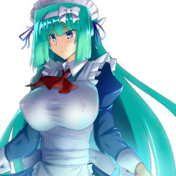 Rule 34 | 1girl, apron, aqua hair, ascot, blue eyes, blue ribbon, blunt bangs, blush, bow, breasts, commentary request, covered erect nipples, dress, frilled apron, frills, gippo, green hair, hair ribbon, hairband, huge breasts, juliet sleeves, long hair, long sleeves, maid, maid apron, maid headdress, original, puffy sleeves, red ascot, ribbon, sidelocks, simple background, smile, solo, taut clothes, upper body, very long hair, white apron, white background, white bow, white hairband, wing collar, wrist cuffs