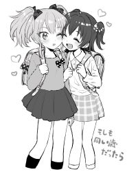 Rule 34 | 2girls, ^ ^, aged down, akagi miria, alternate universe, amezawa koma, backpack, bag, blush, bow, cheek-to-cheek, closed eyes, collared shirt, commentary request, fur sweater, greyscale, hair bow, heads together, heart, highres, idolmaster, jewelry, jougasaki mika, medium hair, miniskirt, monochrome, multiple girls, necklace, one eye closed, open mouth, plaid, plaid skirt, pleated skirt, polka dot, polka dot bow, randoseru, shirt, skirt, smile, sweater, time paradox, twintails, two side up, white background