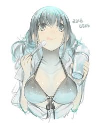 Rule 34 | 1girl, :q, bikini, black bikini, black hair, closed mouth, cup, dated, food, front-tie bikini top, front-tie top, grey eyes, grey shirt, holding, holding cup, licking lips, long hair, looking up, open clothes, open shirt, original, rayvon, shaved ice, shirt, sidelocks, simple background, smile, solo, star-shaped pupils, star (symbol), swimsuit, symbol-shaped pupils, tongue, tongue out, twintails, upper body, white background