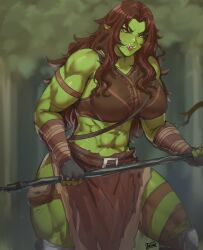 Rule 34 | 1girl, abs, batako (batakoart), black sclera, blurry, blurry background, brown hair, colored sclera, colored skin, depth of field, female orc, fingerless gloves, forest, gloves, green skin, highres, holding, holding weapon, loincloth, long hair, looking at viewer, midriff, muscular, muscular female, nature, orc, original, outdoors, pointy ears, solo, torn clothes, torn loincloth, tusks, weapon, yellow eyes