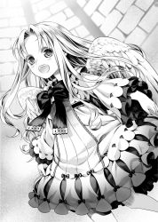 Rule 34 | 1girl, :d, angel wings, blush, bow, bowtie, dress, dutch angle, feathered wings, filo (tate no yuusha no nariagari), floating hair, greyscale, hair intakes, layered dress, long hair, long sleeves, minami seira, monochrome, novel illustration, official art, open mouth, short dress, smile, solo, standing, tate no yuusha no nariagari, very long hair, wings
