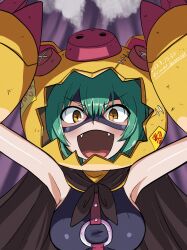 Rule 34 | 1girl, absurdres, alternate color, animal costume, armor, armpits, arms up, bare shoulders, black cape, black one-piece swimsuit, breasts, button eyes, buttons, cape, cho-hakkaimon, commentary request, digimon, digimon (creature), fangs, green hair, hair between eyes, halloween costume, highres, kouma bonmaid, looking at viewer, mask, medium breasts, o-ring, one-piece swimsuit, open mouth, orange eyes, partial commentary, pig costume, short hair, sidelocks, signature, solo, steam, swimsuit, twitter username, upper body, yellow armor