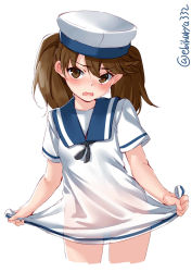 Rule 34 | 1girl, blush, bottomless, brown eyes, brown hair, cosplay, cropped legs, dress, ebifurya, hair between eyes, hat, hiburi (kancolle), hiburi (kancolle) (cosplay), highres, kantai collection, long hair, no panties, open mouth, ryuujou (kancolle), sailor dress, sailor hat, see-through, short sleeves, simple background, solo, twintails, twitter username, white background, white dress, white hat