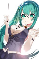 Rule 34 | .live, 1girl, ascot, backlighting, bad id, bad pixiv id, bare shoulders, black-framed eyewear, black vest, blue skirt, blush, breasts, brooch, buttons, closed mouth, collared shirt, elbow gloves, glasses, gloves, green eyes, green hair, hands up, holding, holding stick, jewelry, kagura suzu (.live), large breasts, light, long hair, looking at viewer, motsunuki, semi-rimless eyewear, shirt, side ponytail, sidelocks, skirt, sleeveless, sleeveless shirt, smile, solo, stick, under-rim eyewear, upper body, very long hair, vest, virtual youtuber, white gloves, white shirt