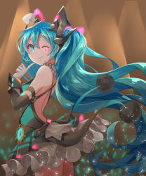 Rule 34 | 1girl, aira (exp), aqua eyes, aqua hair, audience, backless dress, backless outfit, black dress, blurry, blurry background, commentary, dress, facial tattoo, finger to own chin, frilled dress, frills, from side, gloves, glowstick, hair ornament, hat, hatsune miku, highres, light particles, long hair, looking at viewer, looking to the side, magical mirai (vocaloid), magical mirai miku, magical mirai miku (2019), mini hat, mini top hat, neon lights, one eye closed, penlight (glowstick), pom pom (clothes), smile, solo, spotlight, tattoo, top hat, twintails, very long hair, vocaloid, white gloves, white hat