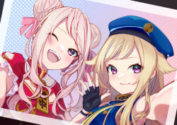 Rule 34 | 2girls, blonde hair, blush, braid, braided bun, chinese clothes, double bun, fang, fang out, fingerless gloves, gloves, hair bun, hair flaps, hair ribbon, hand up, hat, himehina channel, long hair, looking at viewer, multiple girls, one eye closed, open mouth, photo (object), pink hair, purple eyes, ribbon, selfie, shirt, short sleeves, sleeveless, sleeveless shirt, smile, suzuki hina, tanaka hime, upper body, user dttw2327, virtual youtuber