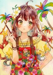 Rule 34 | 1girl, :o, ahoge, blush, bracelet, brown hair, collarbone, commentary, cowboy shot, dot nose, earrings, flower, frilled shirt, frills, green eyes, hair flower, hair ornament, hand on own hip, hand up, head tilt, highres, holding, holding paintbrush, jewelry, long bangs, long hair, looking to the side, off-shoulder shirt, off shoulder, open mouth, original, overalls, paintbrush, painting (medium), palm tree, puffy short sleeves, puffy sleeves, red overalls, shirt, short sleeves, solo, symbol-only commentary, traditional media, tree, watercolor (medium), white flower, yellow shirt, yuyuharu 1027