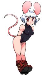 Rule 34 | 1girl, animal ears, arms behind back, bare legs, black leotard, boots, breasts, covered navel, full body, highleg, highleg leotard, leaning forward, leotard, looking at viewer, medium breasts, mouse ears, mouse girl, mouse tail, n mossi, original, red eyes, red footwear, short hair, simple background, smile, solo, standing, tail, tareme, white background, white hair