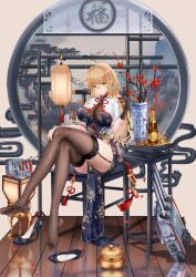 Rule 34 | 1girl, black dress, black gloves, black thighhighs, blonde hair, blush, bottle, bun cover, cannon, china dress, chinese clothes, cleavage cutout, clothing cutout, commission, cup, dress, earrings, feet, flower, garter straps, gloves, green eyes, high heels, highres, holding, holding cup, indoors, iue (artist), jewelry, lantern, long hair, looking at viewer, missouri (warship girls r), paper lantern, pelvic curtain, pixiv commission, print dress, pumps, shoes, side slit, sleeveless, sleeveless dress, smile, soles, solo, star (symbol), star earrings, stiletto heels, thighhighs, toes, tongue, tongue out, warship girls r
