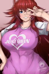 Rule 34 | 1girl, 2020, ahoge, artist logo, artist name, blue eyes, breasts, commentary, commission, dated, english commentary, female focus, heart, high school dxd, large breasts, long hair, looking at viewer, noxcuro, one eye closed, parted lips, red hair, rias gremory, short sleeves, signature, smile, solo, teeth, v, watermark, wink