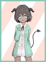 Rule 34 | 1girl, aqua border, aqua cardigan, arm behind back, black horns, black ribbon, blush, bob cut, border, breasts, brown hair, buttons, cardigan, choco (rune (dualhart)), clenched hand, collared shirt, cowboy shot, dark-skinned female, dark skin, demon girl, demon tail, female focus, flying sweatdrops, green eyes, hair intakes, hand up, highres, horns, long sleeves, looking at viewer, miniskirt, neck ribbon, nervous, open cardigan, open clothes, open mouth, original, outside border, pencil skirt, pink background, pointy ears, ribbon, rune (dualhart), shirt, short hair, sidelocks, simple background, skirt, small breasts, solo, standing, straight-on, striped, striped background, sweat, tail, two-tone background, wavy mouth, white shirt, white skirt, yellow pupils