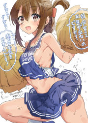 Rule 34 | 1girl, blue skirt, blush, breasts, brown eyes, brown hair, cheerleader, clothes writing, folded ponytail, hair between eyes, heart, highres, inazuma (kancolle), kantai collection, leg up, looking at viewer, mizuta kenji, navel, nervous sweating, one-hour drawing challenge, open mouth, pom pom (cheerleading), ponytail, sideboob, signature, simple background, skirt, sleeveless, small breasts, socks, solo, sweat, translation request, twitter username, very sweaty, white background, white socks