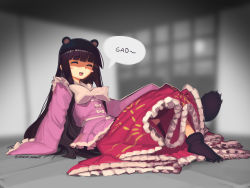 Rule 34 | 1girl, :d, animal ears, bear ears, black hair, blunt bangs, blush stickers, boa (brianoa), bow, bowtie, dress, facing viewer, feet, frills, gao, highres, houraisan kaguya, indoors, japanese clothes, kemonomimi mode, long hair, long sleeves, on floor, open mouth, paw shoes, pink shirt, pun, shirt, shoes, sitting, sleeves past wrists, smile, solo, tabi, touhou, very long hair, white bow, white bowtie, wide sleeves