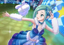 Rule 34 | 1girl, :d, absurdres, altaria, arm warmers, blue choker, blush, choker, collarbone, creatures (company), earrings, eyelashes, game freak, gen 3 pokemon, glowstick, green eyes, green hair, hair ornament, highres, honda dousuiyuu, idol, jewelry, lisia (pokemon), looking to the side, navel, nintendo, open mouth, outstretched arm, overskirt, pokemon, pokemon (creature), pokemon oras, shorts, shorts under skirt, sidelocks, skirt, smile, sparkle, stage, standing, w
