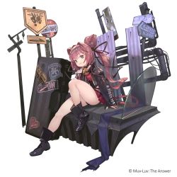Rule 34 | 1girl, :3, black footwear, black jacket, boots, box, bright pupils, cat tail, cone hair bun, hair bun, highres, muv-luv: dimensions, jacket, leather, leather jacket, long hair, looking at viewer, muv-luv, muv-luv alternative, official art, red skirt, road sign, sign, sitting, skirt, smile, so-taro, solo, tail, tamase miki, twintails, very long hair, white background, white pupils