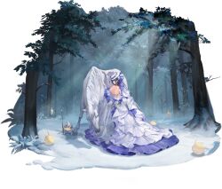 Rule 34 | 1girl, absurdres, animal, azur lane, bare back, bare shoulders, cheshire (azur lane), cheshire (the cat and the white steed) (azur lane), dress, forest, from behind, grey hair, hat, highres, horse, looking at viewer, looking back, manjuu (azur lane), nature, non-web source, official alternate costume, official art, outdoors, see-through, standing, transparent background, white dress, white headwear, white horse, yyy (zelda10010)