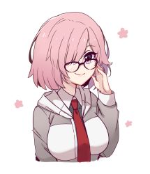 Rule 34 | 1girl, ayanobro, blush, breasts, fate/grand order, fate (series), glasses, hair over one eye, hand on own face, highres, large breasts, mash kyrielight, necktie, pink hair, purple eyes, short hair, simple background, smile, white background