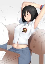 Rule 34 | 1girl, armpit peek, arms up, bangle, black hair, blue skirt, bracelet, breasts, buttons, chair, closed eyes, closed mouth, collared shirt, desk, feet out of frame, hair between eyes, hair ornament, hairclip, highres, indonesian clothes, jewelry, large breasts, logo, midriff peek, multiple others, navel, original, rev60, school uniform, shirt, short hair, short sleeves, sitting, skirt, solo focus, stretching, white shirt