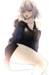 Rule 34 | 1girl, ass, bare shoulders, black dress, blue coat, blush, breasts, cleavage, coat, collarbone, dress, fate/grand order, fate (series), fur-trimmed coat, fur trim, highres, jeanne d&#039;arc (fate), jeanne d&#039;arc alter (fate), jeanne d&#039;arc alter (ver. shinjuku 1999) (fate), kankitsu kei, large breasts, long sleeves, looking at viewer, off shoulder, official alternate costume, open clothes, open coat, open mouth, short dress, short hair, silver hair, solo, thighs, wicked dragon witch ver. shinjuku 1999, yellow eyes
