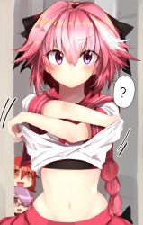 Rule 34 | 1boy, 2girls, :d, ?, absurdres, arms up, astolfo (fate), astolfo (sailor paladin) (fate), blush, bow, braid, chibi, closed mouth, clothes lift, commentary request, fate (series), female pervert, hair between eyes, hair bow, highres, lifting own clothes, long hair, looking at viewer, mash kyrielight, motion lines, multicolored hair, multiple girls, navel, official alternate costume, open mouth, orange eyes, orange hair, peeking out, pervert, pink eyes, pink hair, pink skirt, purple eyes, ranf, riyo (lyomsnpmp) (style), school uniform, serafuku, shirt, shirt lift, single braid, skirt, smile, solo focus, speech bubble, spoken question mark, stomach, streaked hair, sweat, trap, undressing, very long hair, white hair, white shirt