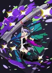 Rule 34 | 1girl, ahoge, black footwear, black gloves, blue hair, boots, breasts, buttons, cleavage, detached collar, elbow gloves, gloves, hat, high heels, highres, holding, holding weapon, kyoumu (mgcmkyomu), magical girl, magicami, messy hair, missile, necktie, panties, short hair, skull, sparkle, tamaki hanabi, thigh boots, two-tone dress, underwear, weapon