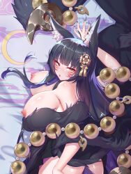 Rule 34 | 1girl, absurdres, animal ear fluff, animal ears, azur lane, bare shoulders, beads, black hair, breasts, breasts out, facial mark, fox ears, fox girl, fur-trimmed kimono, fur trim, highres, huge breasts, japanese clothes, jewelry, kimono, kitsune, long hair, looking at viewer, low neckline, magatama, magatama necklace, misheng liu yin, musashi (azur lane), nail polish, necklace, nipples, prayer beads, purple nails, solo, very long hair, whisker markings