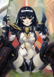 Rule 34 | 1girl, android, black hair, blush, eviny, joints, lisa (pso2), mecha musume, pale skin, phantasy star, phantasy star online 2, red eyes, robot joints, solo, torn clothes