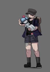Rule 34 | 1boy, 1girl, absurdres, age difference, alternate color, backpack, bag, black footwear, black shorts, blue hair, blush, carrying, collarbone, colored skin, creatures (company), eye contact, full body, game freak, gen 3 pokemon, gipehtyboo, grey background, happy, hat, highres, jacket, legs, looking at another, nintendo, no nose, no pupils, pokemon, princess carry, ralts, shadow, shiny pokemon, shorts, smile, standing, thick thighs, thighs, white skin