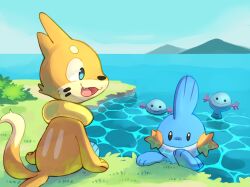 Rule 34 | black eyes, blue eyes, buizel, closed mouth, creatures (company), facial mark, fang, game freak, gen 2 pokemon, gen 3 pokemon, gen 4 pokemon, grass, mudkip, multiple tails, nintendo, no humans, open mouth, pokemon, pokemon (creature), sitting, smile, tail, two tails, water, whisker markings, wile-z-kitsune, wooper