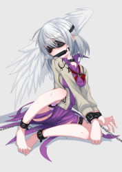 Rule 34 | 1girl, absurdres, angel wings, barefoot, bit gag, blindfold, braid, french braid, full body, gag, grey background, highres, kishin sagume, menou 74, restrained, sex toy, simple background, single wing, solo, touhou, vibrator, wings