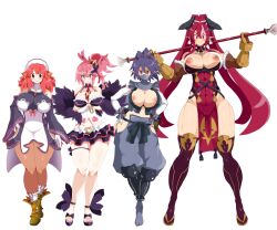 Rule 34 | 4girls, abs, baggy pants, bandaged arm, bandages, boots, crossed arms, crown, disgaea, dismania (xenoman), dress, elbow gloves, feather boa, frilled skirt, frills, full body, gloves, hair ornament, height difference, higan zesshousai, kunoichi (disgaea), la pucelle, long hair, makai senki disgaea 5, makai senki disgaea 7, mini crown, miniskirt, multiple girls, muscular, muscular female, nipple slip, nipples, nippon ichi, o-ring, o-ring top, pants, pelvic curtain, pink hair, ponytail, prier, purple hair, red dress, seraphina (disgaea), simple background, skirt, tall female, thick thighs, thighs, toeless footwear, very long hair, white background, white gloves, wide sleeves