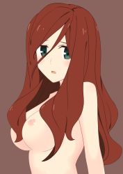Rule 34 | 10s, 1girl, absurdres, blush, breasts, brown background, brown hair, darling in the franxx, eyes visible through hair, green eyes, hair between eyes, hair over shoulder, highres, medium breasts, nana (darling in the franxx), nipples, nude, open mouth, simple background, solo, unkoman (rakugakiunkoman), upper body