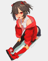 Rule 34 | 1girl, bad id, bad twitter id, beijuu, black hair, denim, denim shorts, fang, grey background, highres, jacket, long sleeves, looking at viewer, open clothes, open jacket, open mouth, original, red eyes, red footwear, red jacket, short hair, short shorts, shorts, simple background, single leg pantyhose, single thighhigh, sitting, skin fang, solo, thighhighs