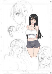 Rule 34 | 1boy, 1girl, absurdres, arms behind back, black hair, blush, breasts, camisole, cleavage, commentary request, cropped legs, grey shorts, highres, large breasts, long hair, open mouth, original, shiwasu no okina, shorts, sketch, smile, white camisole, yellow eyes