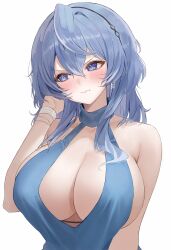 Rule 34 | 1girl, absurdres, ako (blue archive), ako (dress) (blue archive), averting eyes, bangle, blue archive, blue dress, blue eyes, blue hair, blush, bracelet, breasts, cleavage, dress, hair between eyes, hand in own hair, highres, huge breasts, jewelry, official alternate costume, plunging neckline, ryu o, sideboob, sideless dress, simple background, solo, sweatdrop, upper body, white background
