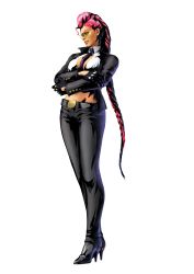 Rule 34 | 1girl, absurdres, belt, between breasts, braid, breasts, capcom, crimson viper, crossed arms, earrings, female focus, full body, gloves, high heels, highres, jewelry, long hair, marvel, marvel vs. capcom, marvel vs. capcom 3, midriff, mori toshiaki, necktie, official art, pink hair, pompadour, shoes, simple background, single braid, solo, street fighter, street fighter iv (series), sunglasses, very long hair, white background