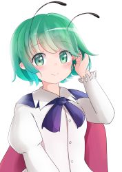 Rule 34 | 1girl, adda, antennae, black cape, cape, closed mouth, green eyes, green hair, hand in own hair, highres, long sleeves, looking at viewer, shirt, short hair, simple background, smile, solo, touhou, upper body, white background, white shirt, wriggle nightbug