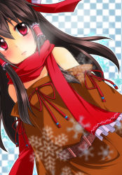 Rule 34 | 1girl, adapted costume, alternate costume, bare shoulders, belt, black hair, brown hair, checkered background, dutch angle, female focus, hair tubes, hakurei reimu, monrooru, perfect cherry blossom, red eyes, red scarf, scarf, snowflakes, solo, touhou, upper body