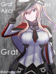 Rule 34 | 1girl, black gloves, blonde hair, breasts, capelet, character name, cross, gloves, graf zeppelin (kancolle), grey eyes, hair between eyes, hat, highres, iron cross, kantai collection, large breasts, military hat, military uniform, necktie, one-hour drawing challenge, peaked cap, roko roko (doradorazz), sidelocks, solo, standing, twintails, two-tone necktie, uniform, upper body