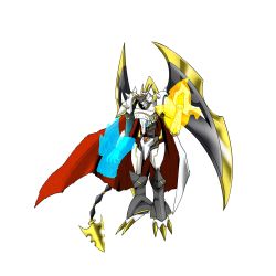 Rule 34 | absurdres, alphamon, cape, digimon, fusion, highres, omegamon, simple background, spikes, white background, wings