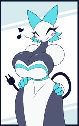 Rule 34 | 1girl, animal ears, animated, animated gif, blush stickers, bouncing breasts, breasts, cleavage, closed eyes, dancing, deltarune, disembodied hand, disembodied hands, disembodied limb, electric plug, electrical cord, female focus, furry, furry female, hands on own hips, highres, hip sway, huge breasts, musical note, r-mk, robot, robot girl, skindentation, solo, tail, tasque manager (deltarune)