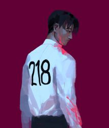 Rule 34 | 1boy, artist name, bags under eyes, black eyes, black hair, black legwear, black pants, blood, blood on clothes, blood on face, cho sang-woo, collared shirt, expressionless, highres, long sleeves, lunarelles, pale skin, pants, red background, shirt, shirt tucked in, short hair, simple background, sleeves past elbows, squid game, twitter username, watermark, white shirt