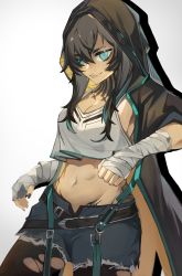 Rule 34 | 1girl, :d, absurdres, arknights, bandaged arm, bandages, belt, black belt, black coat, black hair, black legwear, black nails, blue eyes, breasts, chinese commentary, clearhand, cleavage, coat, commentary request, cowboy shot, crop top, crop top overhang, cutoffs, fangs, flint (arknights), grey background, groin, hair between eyes, highres, hood, hooded coat, huge filesize, long hair, medium breasts, midriff, nail polish, navel, open clothes, open coat, open mouth, short shorts, shorts, smile, solo, standing, stomach, tank top, torn clothes, torn legwear, white tank top, wrist wrap